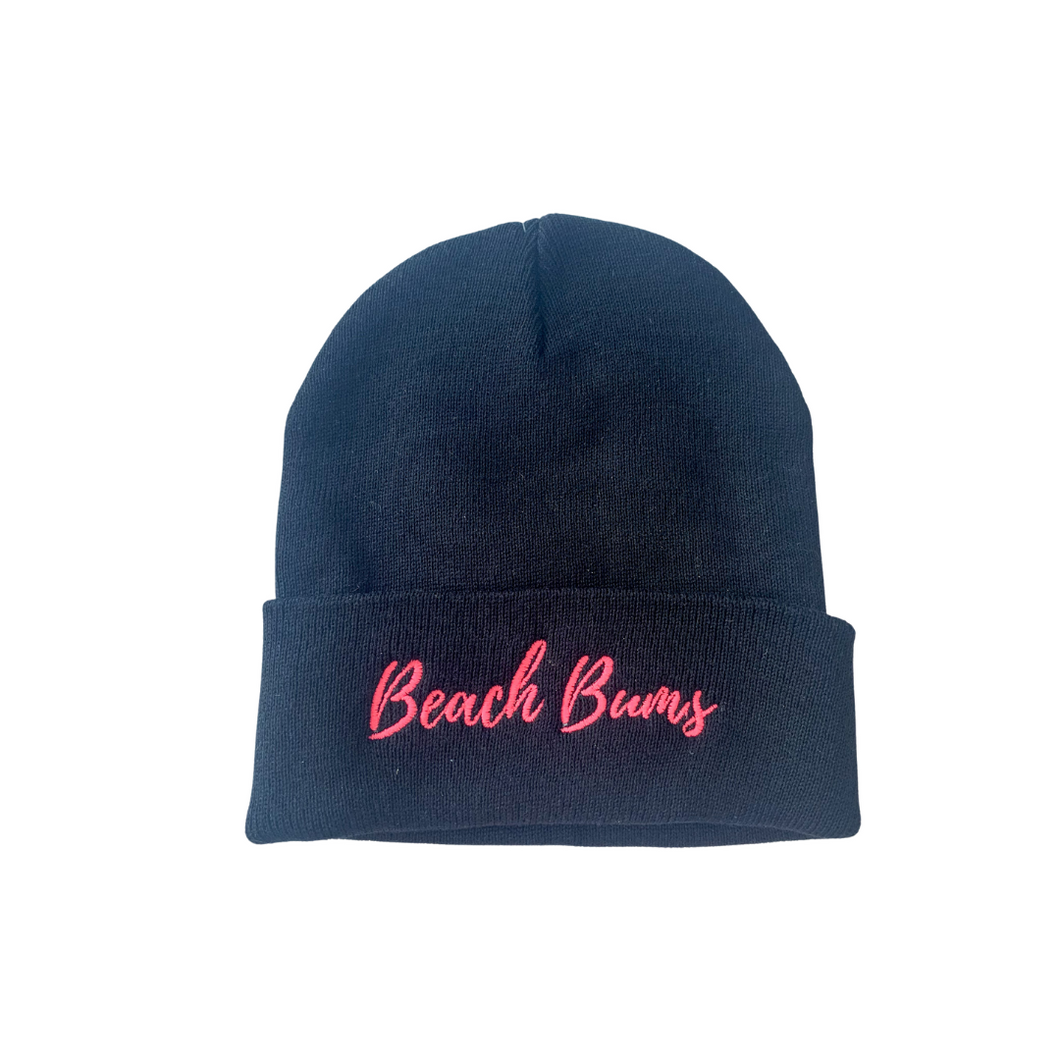 Beach Bums Black Beanie - Pink Writing