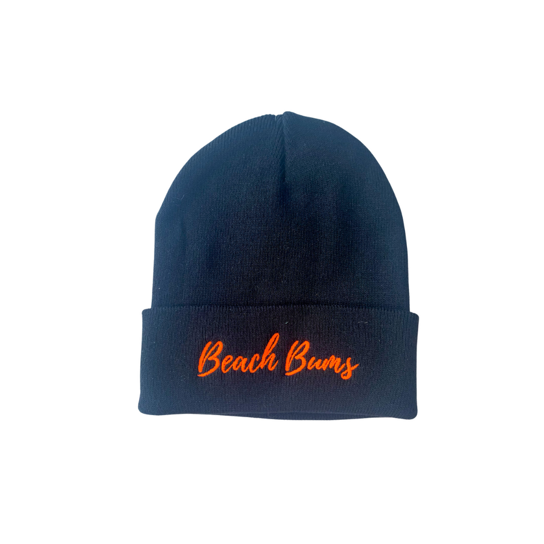 Beach Bums Black Beanie - Orange Writing